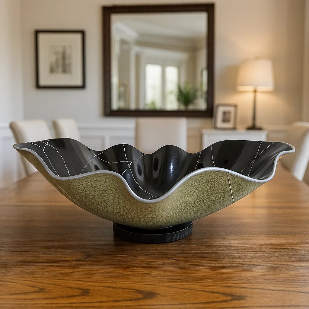 Sage and black wave-edge bowl